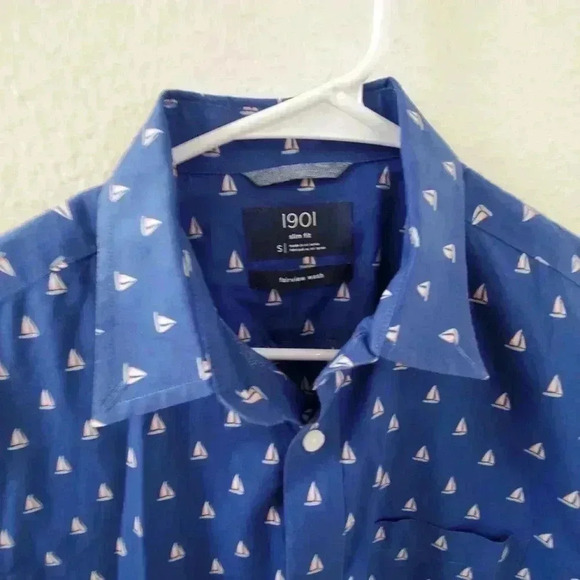 1901 Slim Fit Button Shirt fairview wash Sailboat Pattern Short Sleeve Cotton - Picture 5 of 5